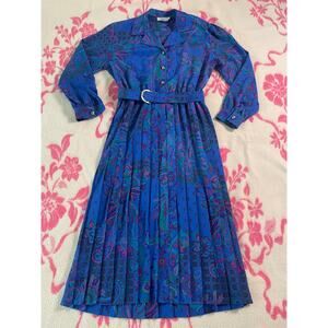 Vtg 70s - 80s Schrader long sleeve paisley belted dress SZ 10 pleated retro midi
